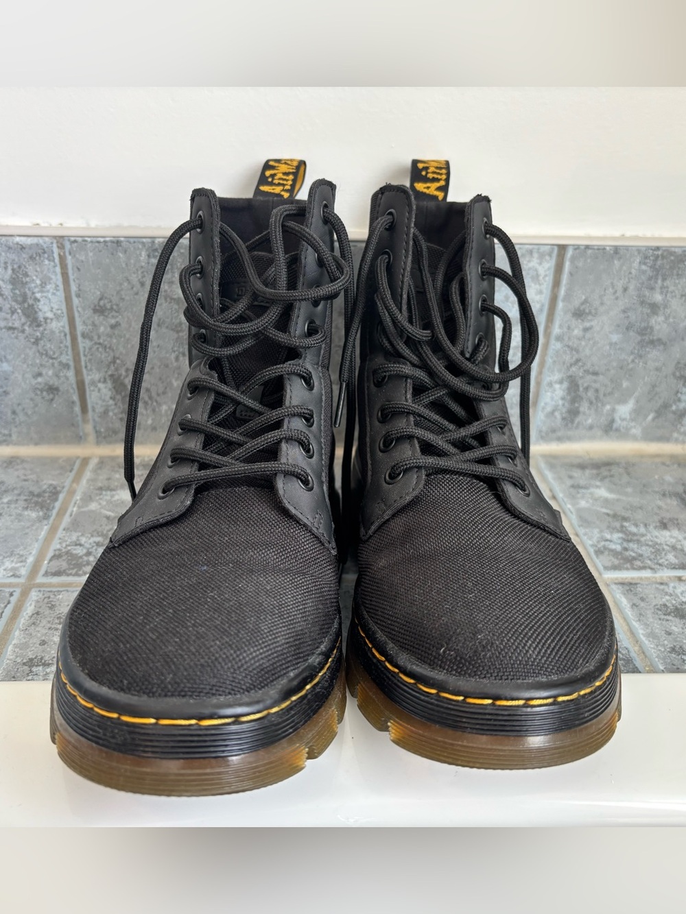 Dr. Martens Black Lace-Up Canvas Combat Boots with Yellow Stitching - Picture 2 of 9